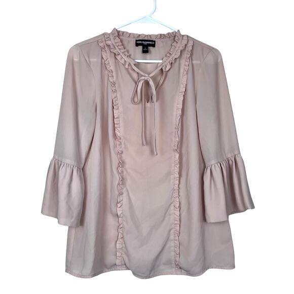 Karl Lagerfeld Paris Blush Pink Ruffle Tie Neck Blouse Bell Sleeve Top Blouse S - Picture 1 of 5